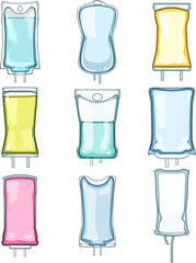 iv drip bag set cartoon. therapy saline, hydration medical, patient treatment iv drip bag sign. isolated symbol vector illustration