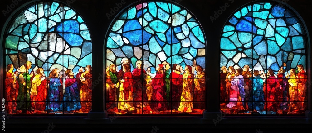 Wall mural Stained Glass Window Depicting a Biblical Scene with Figures in Robes