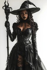Mysterious Dark Witch in Gothic Costume with Magic Staff – Perfect for Halloween, Fantasy, and Dark Magic Themes, Ideal for Costume Designs and Spooky Events