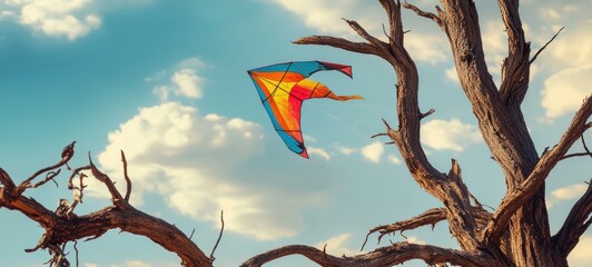 A vibrant, colorful kite stuck in the barren branches of a dead tree