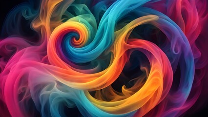 Abstract swirl of colorful smoke on a black background.