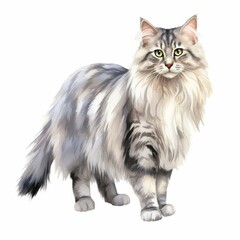 Realistic Illustration of a Majestic Maine Coon Cat with Long Fur and Green Eyes