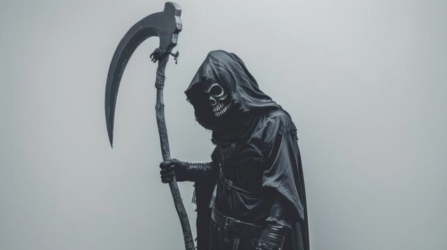 Sinister figure wearing black hood and holding scythe