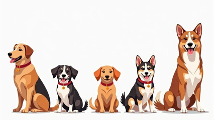 Cute Illustrated Dogs Showing Different Breeds in a Row, Perfect for Pet Lovers and Dog-Themed Designs