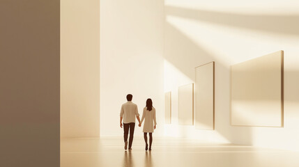 Fototapeta premium a couple holding hands, walking through an exhibition hall filled with contemporary art with curious and appreciative looks against an isolated soft beige background