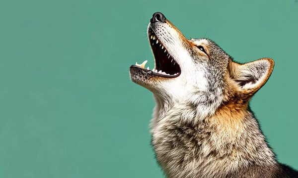 Howling Coyote Close-Up Against Turquoise Background with ai generated.
