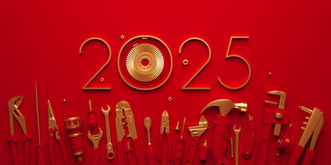 2025 New Year design template with construcrion tools set. 3d render illustration on engineering, construction, interior finishing, repair and maintenance theme.