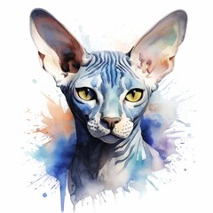 Watercolor Illustration of a Sphynx Cat with Vibrant Colors and Artistic Splashes â€“ Perfect for Art Lovers and Pet Enthusiasts