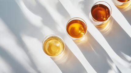 a craft beer flight with four small glasses filled with different types of craft beers against an isolated white background