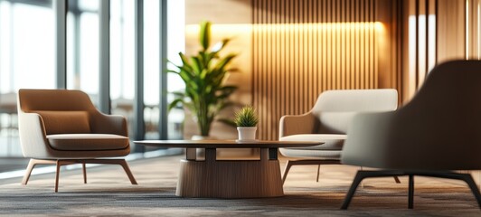 An unused business lounge, with comfortable chairs, a coffee table, and modern decor