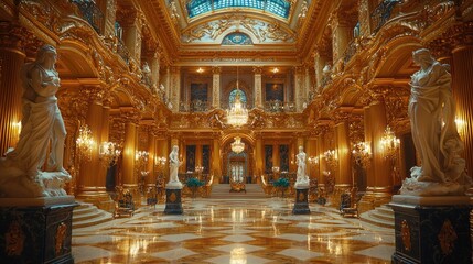 Obraz premium Golden Hallway With Statues and Chandeliers in a Grand Palace 