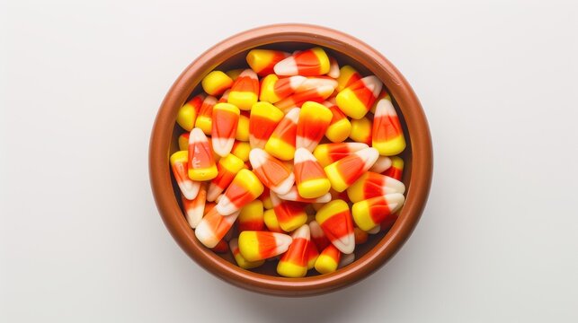 Bowl of candy corn resting on a white tabletop background