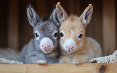 Obraz premium Two adorable baby donkeys, one gray and one brown, are sitting side-by-side in a wooden stall.