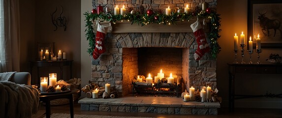 Obraz premium A festive fireplace mantel decorated with stockings, garlands, and candles, creating a warm, cozy Christmas atmosphere 