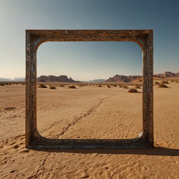 Empty ornate picture frame in desert capturing scenic landscape.