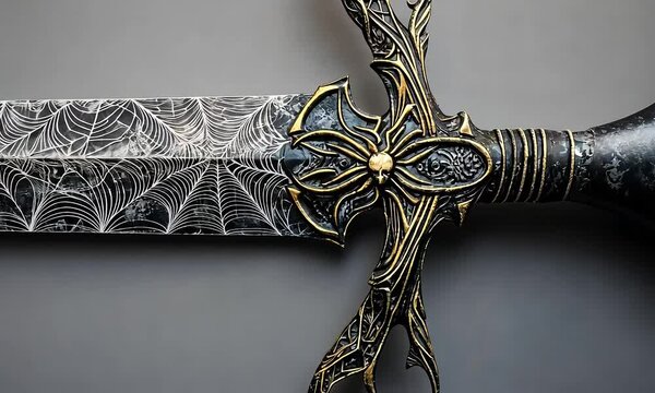 Intricately designed sword with spiderweb patterns with ai generated.

