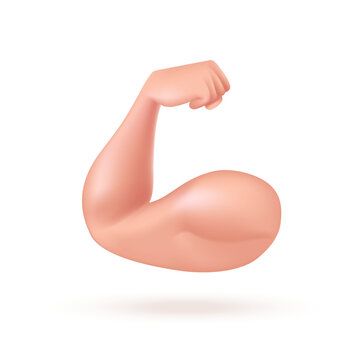 Flexed biceps icon in 3d style. Muscle arm isolated on white background. Fit and strong muscular hand - bodybuilding symbol. Element for your design. Vector illustration.