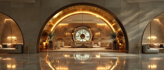 Fototapeta premium Grand Lobby with Arched Entrance and Gold Accents