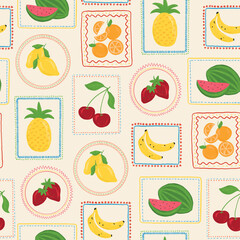 Picnic fruits seamless pattern, summer, vacation, cherry, lemon, orange, watermelon, pineapple, banana, strawberries vector hand draw, background, print, textile, fashion, fabric, wallpaper