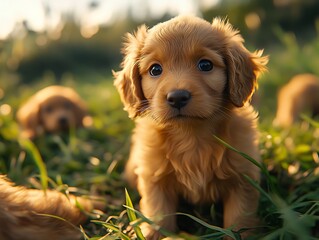 Adorable Golden Retriever Puppy Sitting in Grass