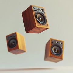 Three vintage wooden speakers floating in mid air