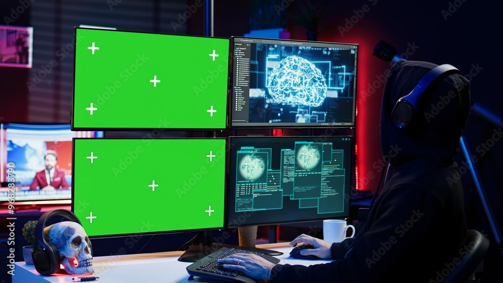 Poster hacker listening music while using isolated screen pc and ai to steal data. scammer wearing headphon