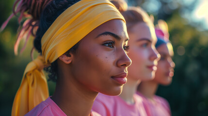 Diverse Group of Women Energizing for a Charity Jog Marathon, Wearing Colorful Headbands and Team Spirit, Promoting Health and Community Engagement.