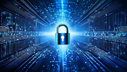 Illustration of a futuristic, cyber-tech style digital padlock surrounded by flowing binary code and electronic circuit lines, Generative AI