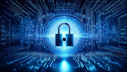 Illustration of a futuristic, cyber-tech style digital padlock surrounded by flowing binary code and electronic circuit lines, Generative AI