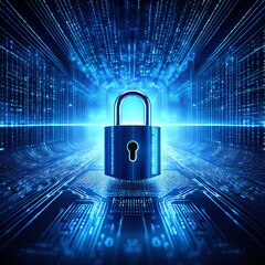 Illustration of a futuristic, cyber-tech style digital padlock surrounded by flowing binary code and electronic circuit lines, Generative AI