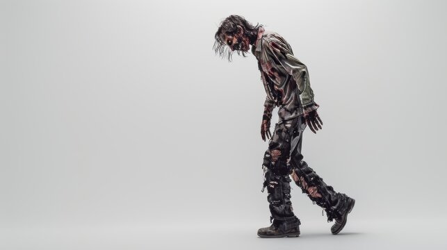 Scary zombie walking with grunge clothes on white background