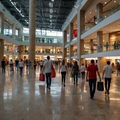 Shoppers walking through a spacious and modern shopping mall.