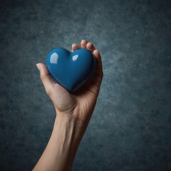 Obraz premium Person holding a blue heart-shaped object against a textured backdrop.