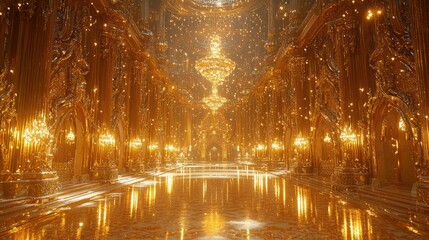Golden Hallway With Statues and Chandeliers in a Grand Palace 