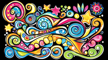 Psychedelic Swirls: A vibrant explosion of color and energy, featuring abstract swirls, stars, and playful shapes on a black background. Perfect for music festivals, creative projects, and capturing a