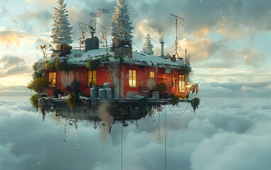 Obraz premium A small, orange house with windows and snow on the roof floats in the sky above white clouds.