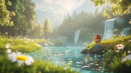 Fototapeta premium Cartoon character relaxing by a river in a beautiful forest, enjoying nature and peace