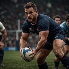 Rugby player ready to pass the ball during an intense match.