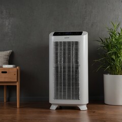 Modern air purifier in minimalistic room with a plant and wooden floor.