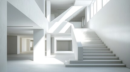 Obraz premium Contemporary minimalist building interior with a sleek stairway.