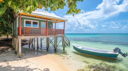 A beach house on stilts, with a wooden deck overlooking the ocean and a boat docked nearby.