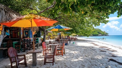 A beachside caf on a sandy beach, with tables and chairs set up under colorful umbrellas.