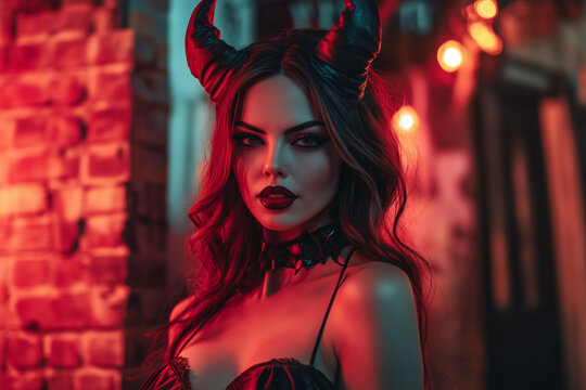 A portrait of a woman dressed up as a sexy halloween devil