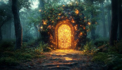 Fototapeta premium Spectacular fantasy scene with a portal archway covered in creepers. In the fantasy world, ancient magical stone gate show another dimension. Digital art 3D illustration. 