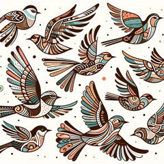 Naklejka premium Vibrant, intricate birds with geometric patterns and rich colors, flying freely across a white background. Generative AI.