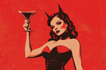 A vintage style illustration of a woman dressed as the devil holding a cocktail. Halloween party