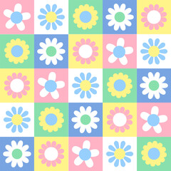 Cute simple colorful checkered seamless pattern with folk daisy flowers. Spring and summer background for kids. Funny texture for surface design. Vector illustration