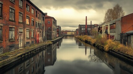 Fototapeta premium A canal running through an industrial area, with old factories lining the waterway.