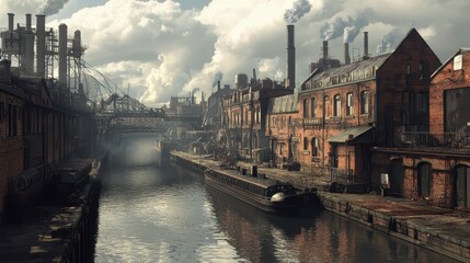 Fototapeta premium A canal running through an industrial area, with old factories lining the waterway.