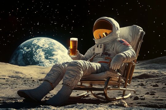 An astronaut sits on a chair and basks under the rays of a bright star while drinking beer on an alien planet, the concept of travel and lifestyle of an astronaut on another planet